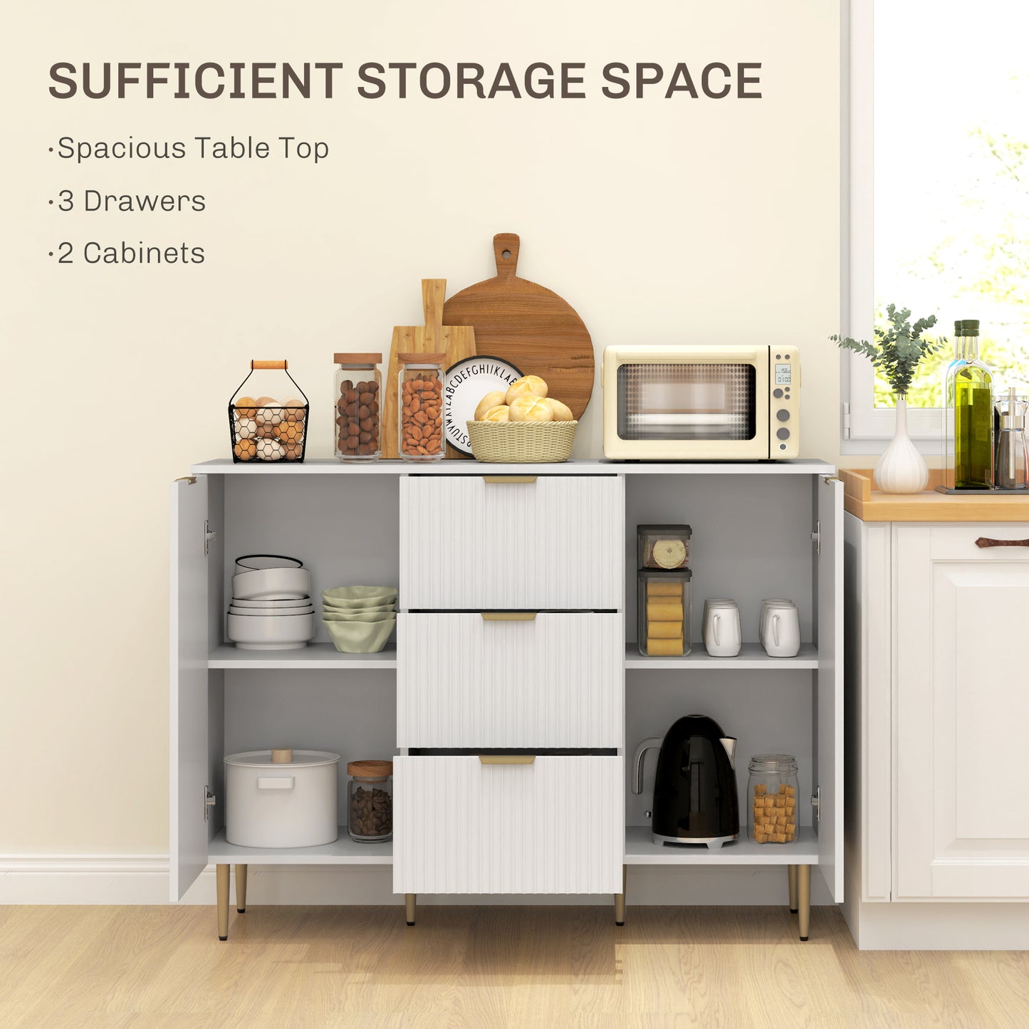 2-Door Sideboard with 3 Drawers and Adjustable Shelves - White