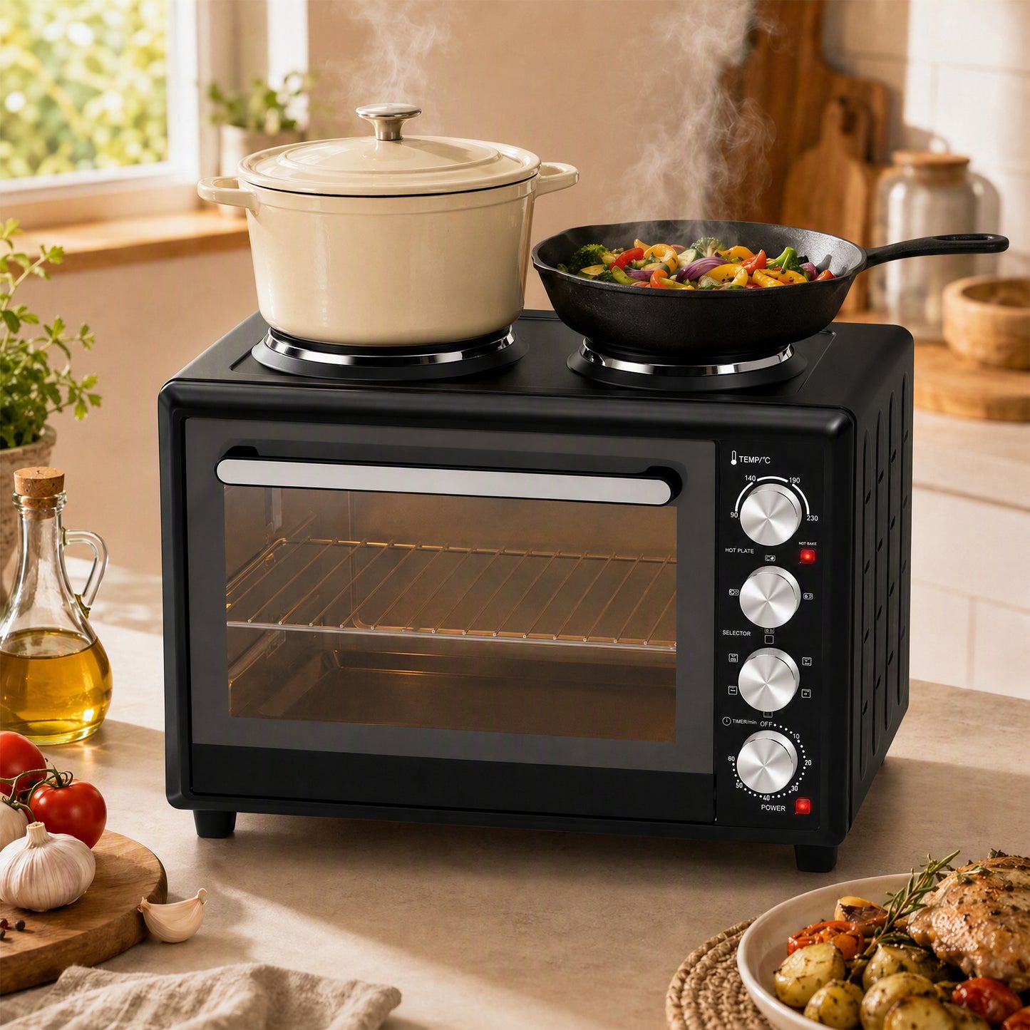 36L Mini Oven with Dual Hot Plates, Electric Countertop Cooker with Convection, 90–230°C Adjustable Temperature