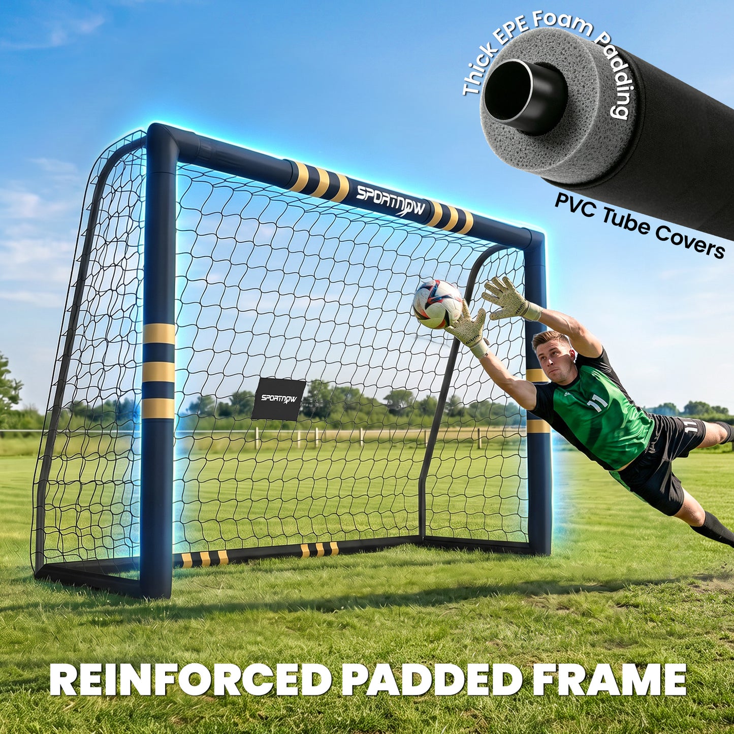 Football Goal, 8 x 5ft Portable Football Net with EPE Foam Padding, PVC Tube Covers Ground Stakes and Metal Frame