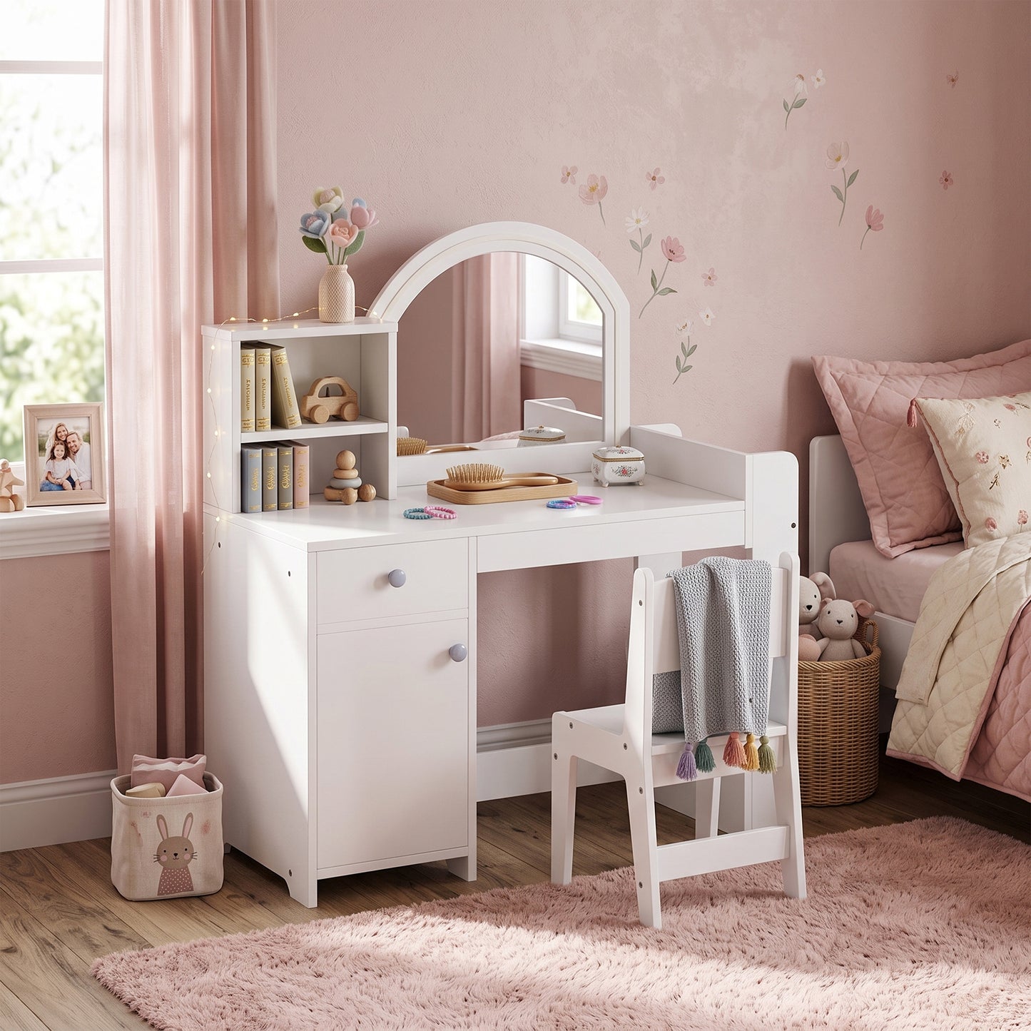 Kids Vanity Table and Chair Set, Girls Dressing Table with 2-Colour LED Mirror, Stool, Cabinet, Drawer, Shelves, White