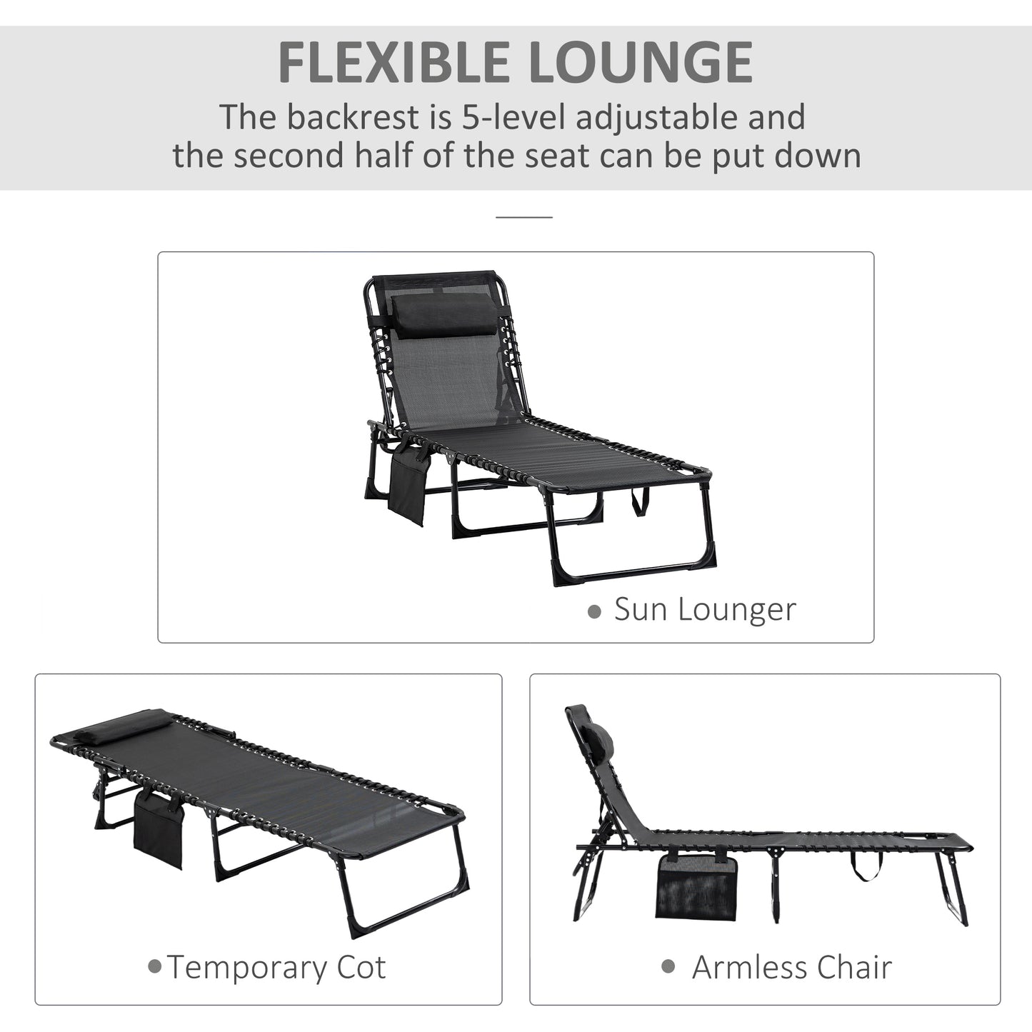 Portable Sun Lounger, Folding Camping Bed Cot, Reclining Lounge Chair 5-position Adjustable Backrest with Side Pocket