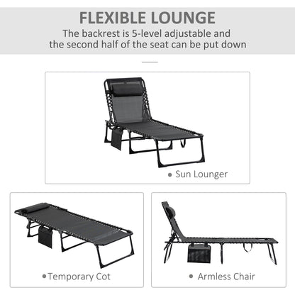 Portable Sun Lounger, Folding Camping Bed Cot, Reclining Lounge Chair 5-position Adjustable Backrest with Side Pocket