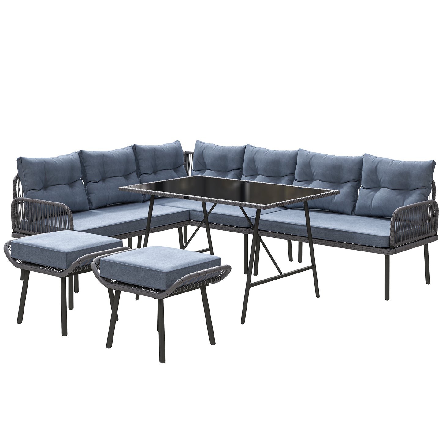 6 Piece Rattan Garden Furniture Set, 8 Seater Garden Corner Sofa with Cushions and Glass Top Table