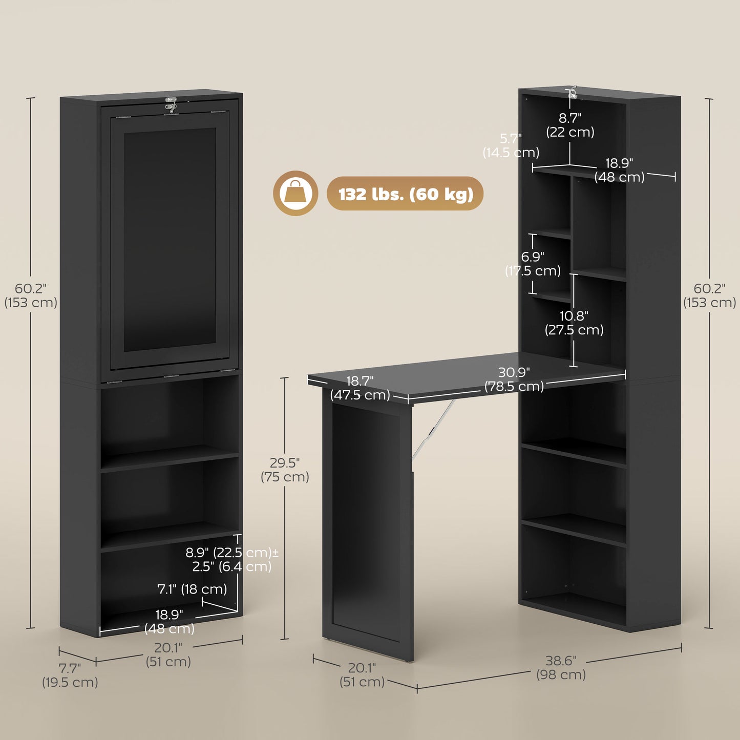 Three-Part Work Desk, with Storage and Chalkboard - Black