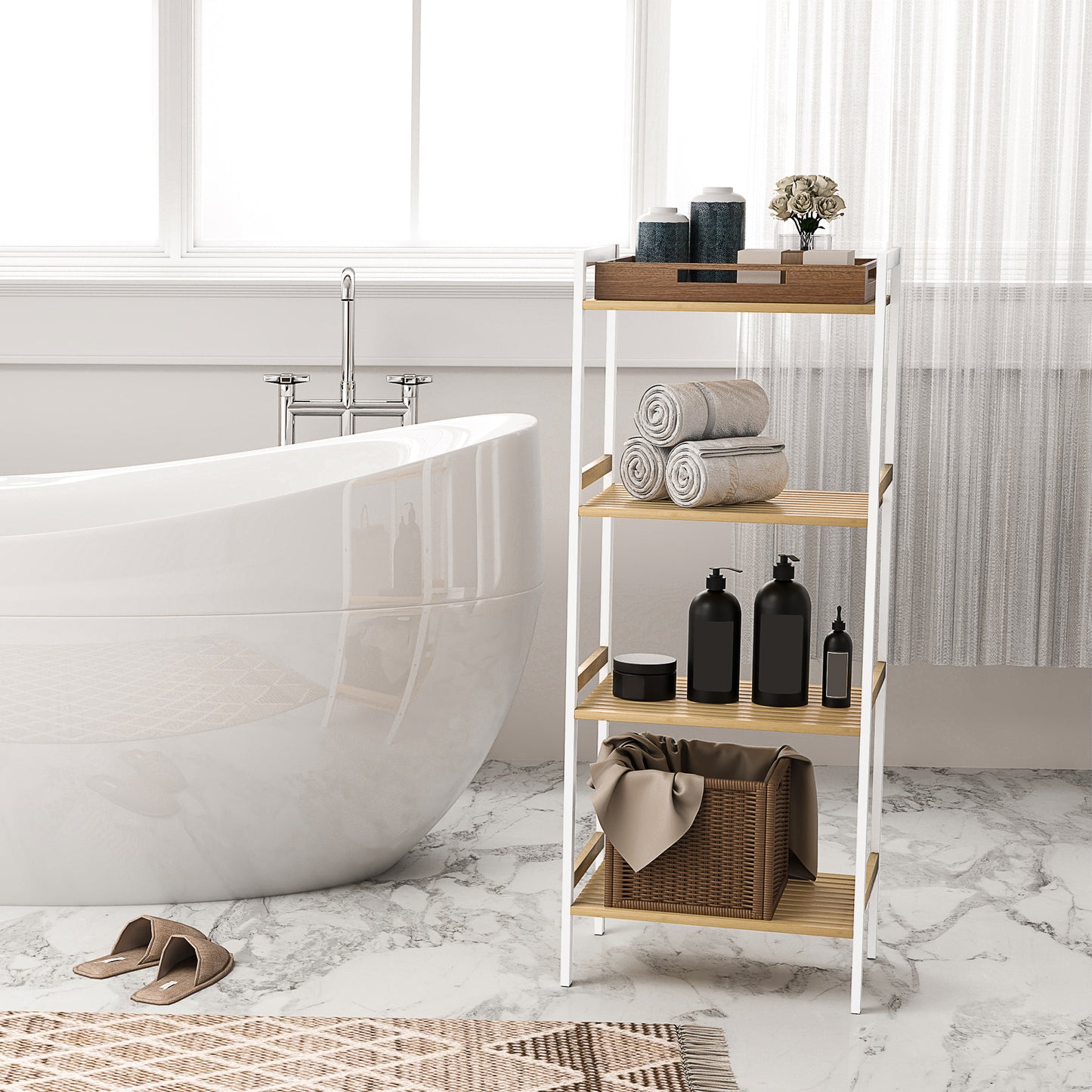 Four-Tier Bamboo Adjustable Shelf Storage Unit