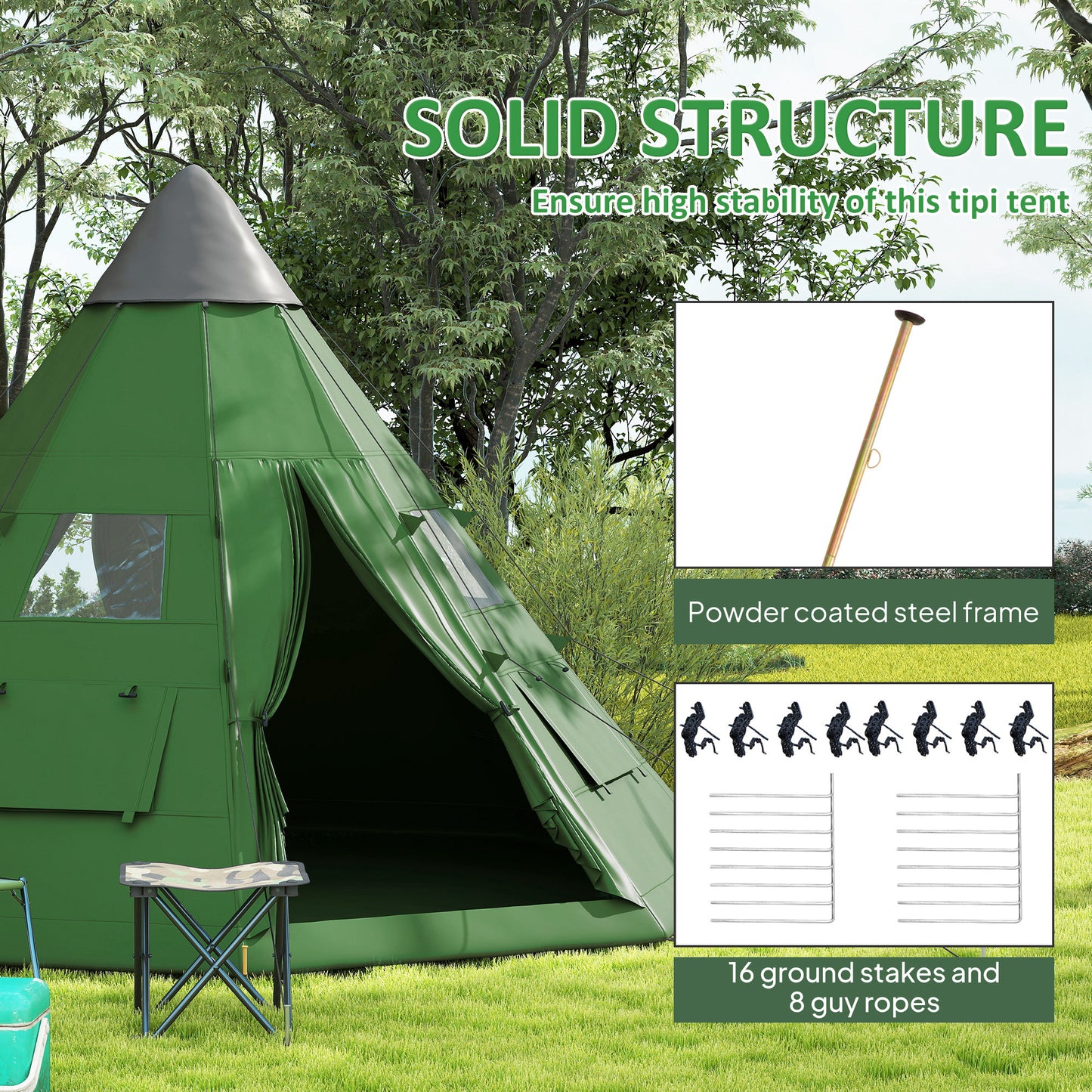 6 Men Tipi Tent with Carry Bag - Green