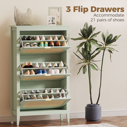 Narrow Shoe Cabinet, Boho Slim Shoe Storage Cabinet with 3 Flip Drawers, Holds 21 Pairs, Light Green
