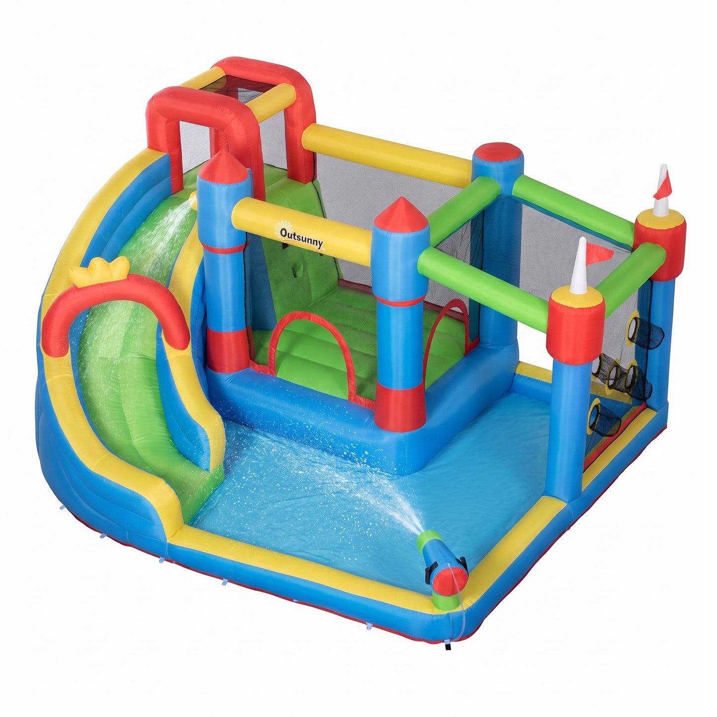 6 in 1 Kids Bouncy Castle, with Water Slide, Water Gun, Climbing Wall, Air Blower for Indoors/Outdoors, 3.9 x 3 x 2m