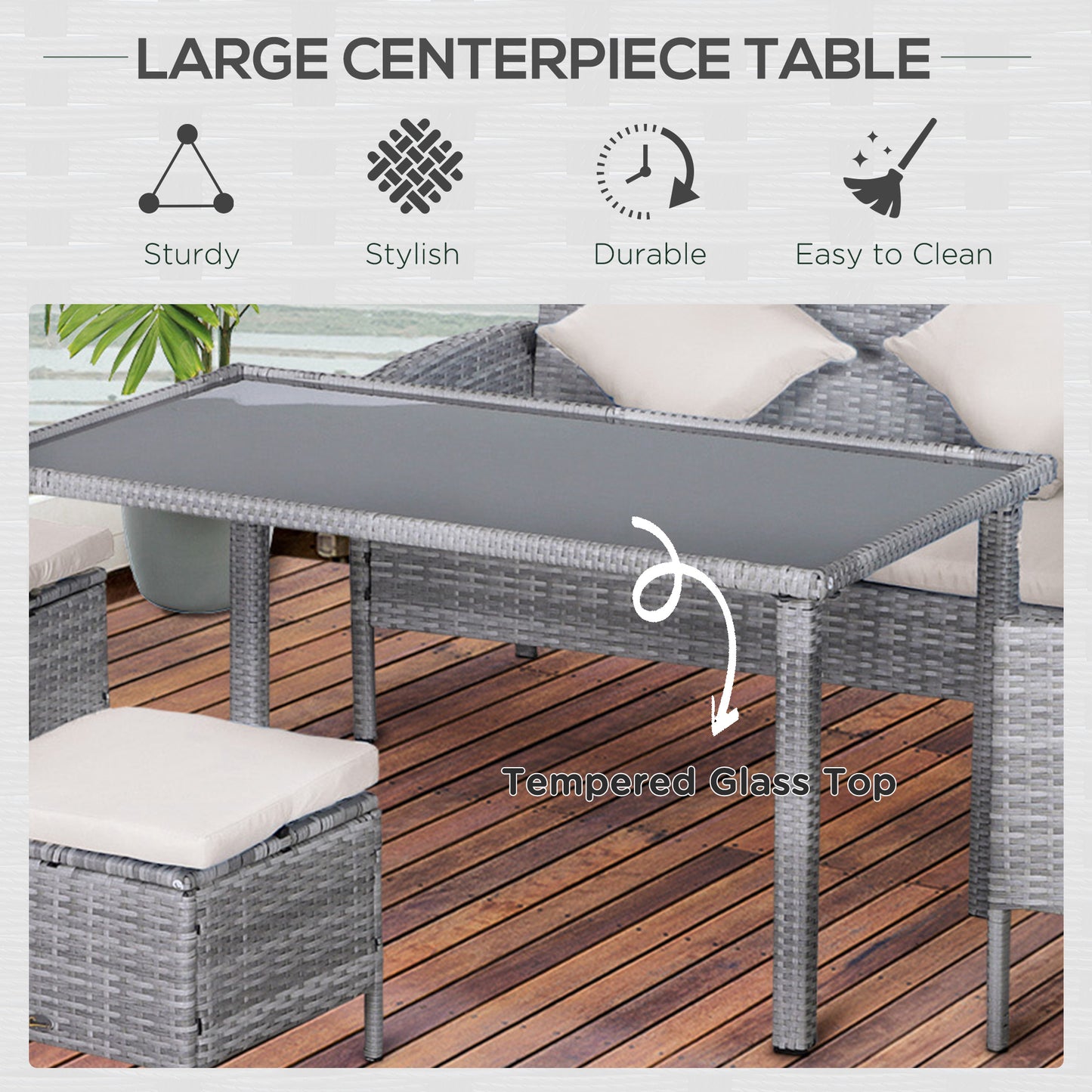6-Seater Rattan Dining Set Sofa Table Footstool Outdoor w/ Cushion Garden Furniture