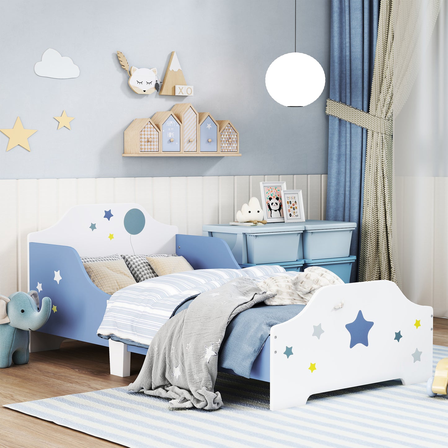Toddler Bed Frame, Kids Bedroom Furniture for Boys Girls with Safe Guardrails, Low Junior Blue