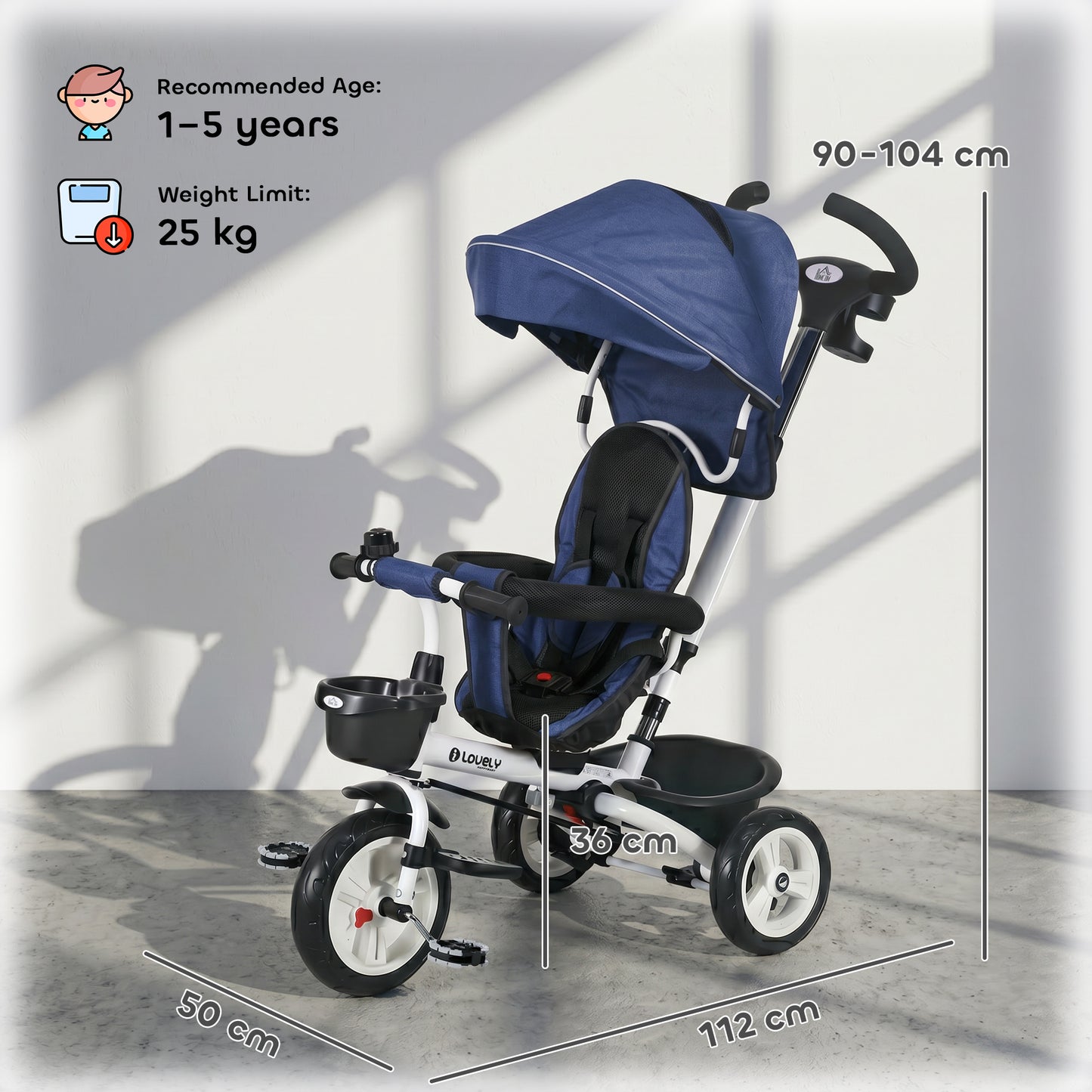 Metal Frame 6 in 1 Baby Push Tricycle with Parent Handle for 1-5 Years Old, Dark Blue