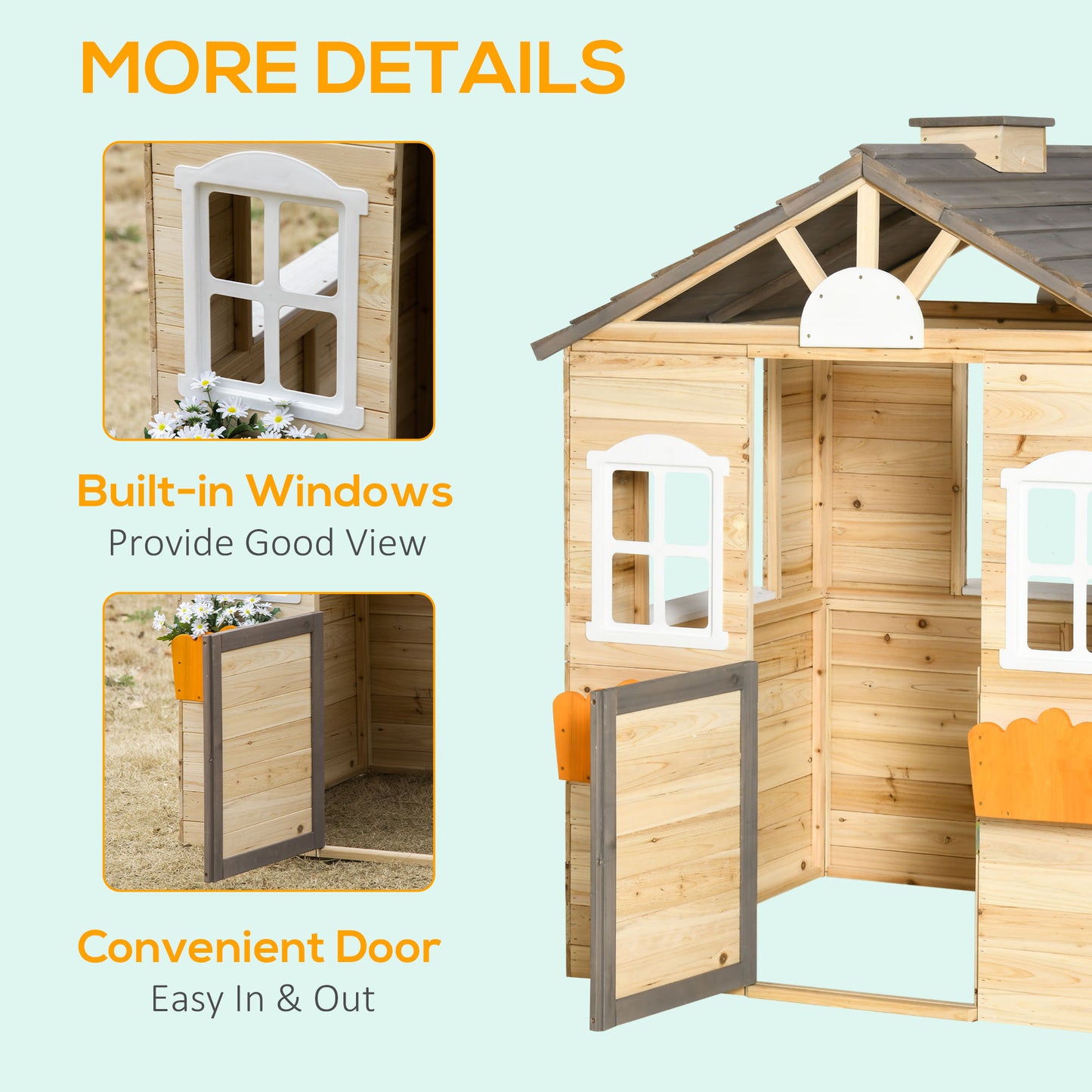 Wooden Playhouse for Kids Outdoor Wendy House with Door, windows, Bench, Service Stations, Flowerpot Holder