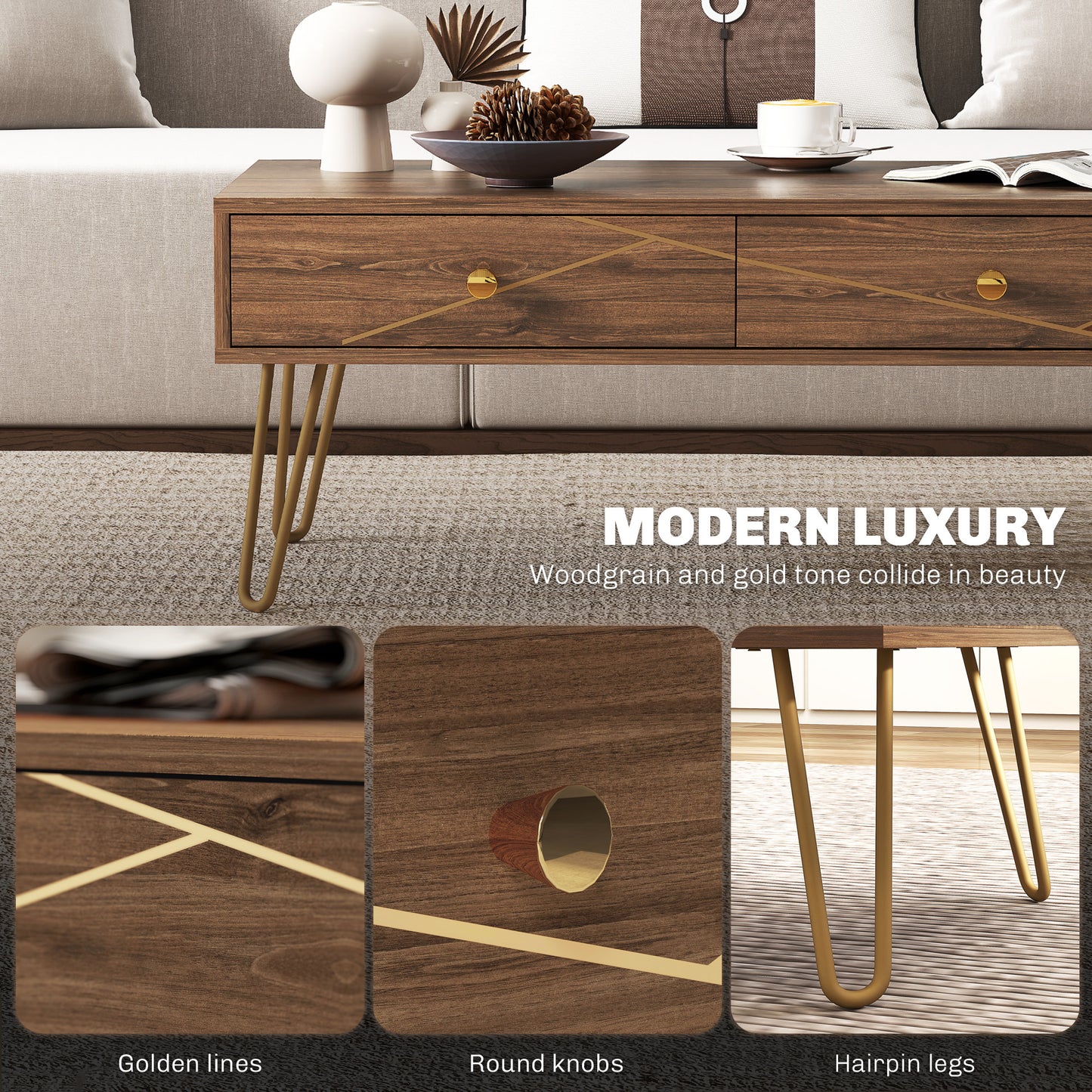 Coffee Table with Storage, Living Room Table with Drawers, Rectangular Tea Table with Steel Base for Home, 100 x 50 x 41 cm