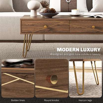 Coffee Table with Storage, Living Room Table with Drawers, Rectangular Tea Table with Steel Base for Home, 100 x 50 x 41 cm