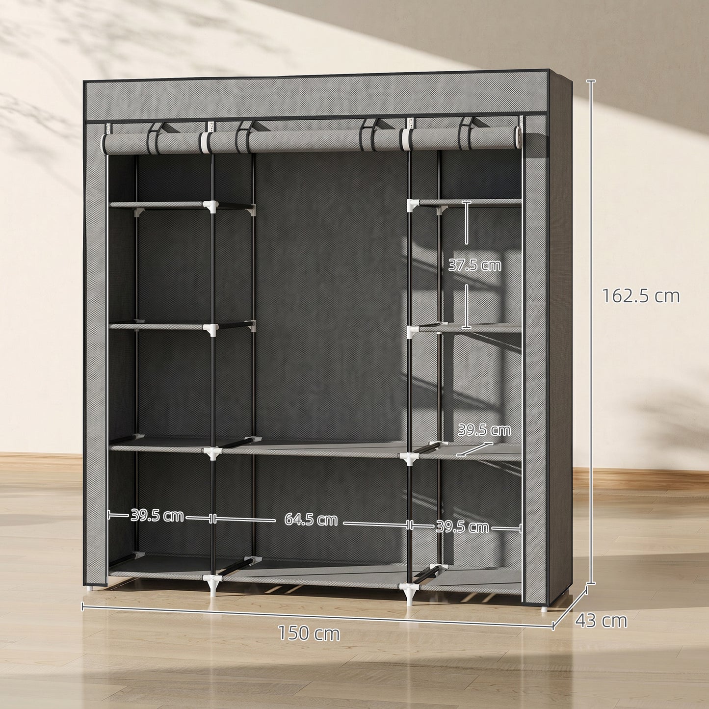 Clothes Storage Organiser with Hanging Rail, Shelves, Portable Wardrobe, Foldable Fabric Wardrobe, Dark Grey