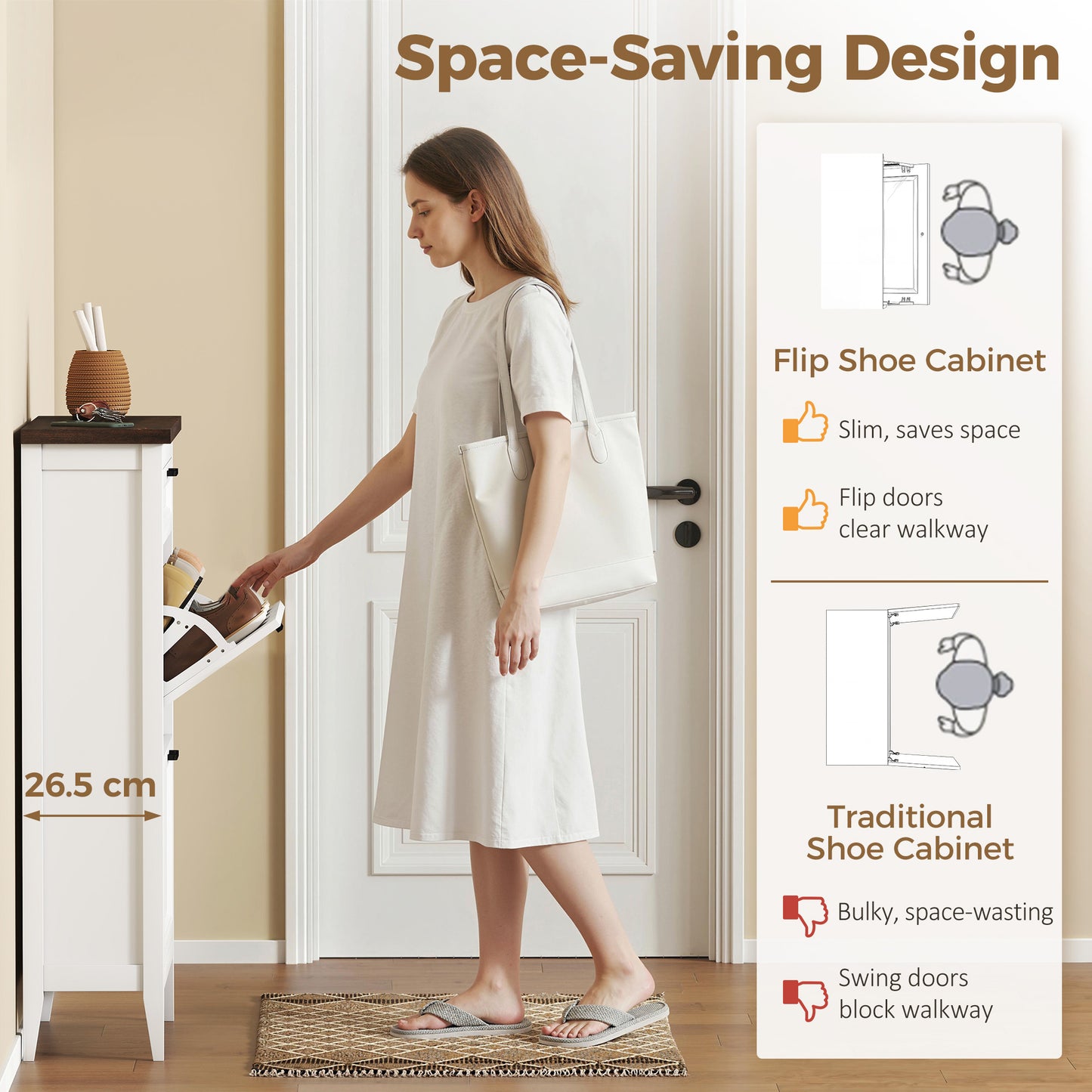 Shoe Cabinet with 2 Flip Drawers, Farmhouse Narrow Shoe Storage Cabinet with Adjustable Shelves, White