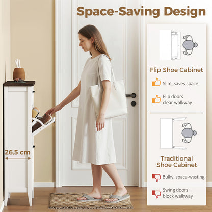 Shoe Cabinet with 2 Flip Drawers, Farmhouse Narrow Shoe Storage Cabinet with Adjustable Shelves, White