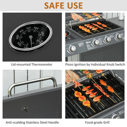 3+1 Burner Gas BBQ Grill, Outdoor Barbecue Trolley with Wheels, Warming Rack, Side Shelves, Cabinet, Thermometer for Garden