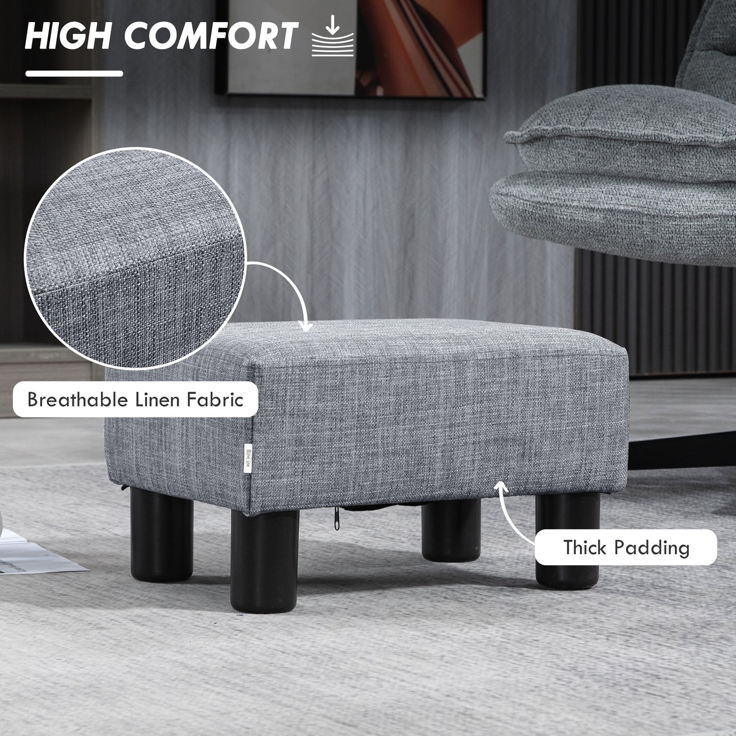Linen Fabric Footstool Ottoman Cube with 4 Plastic Legs, Grey