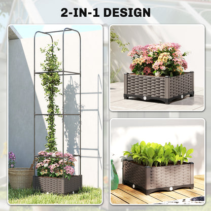 Raised Garden Bed with Trellis, Plastic Planter Box with Drainage Holes, Drain Plugs and Water Reservoirs