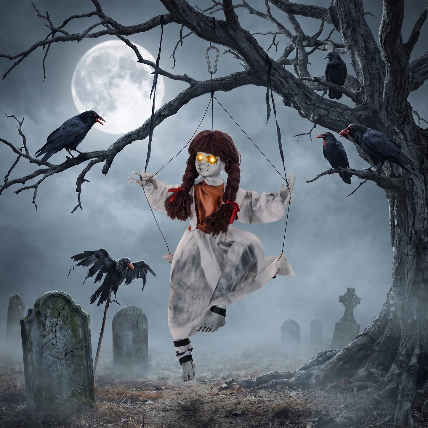 80 cm Halloween Animated Hanging Creepy Girl on Swing Decoration, Kicking Legs, Sound and Touch Activated