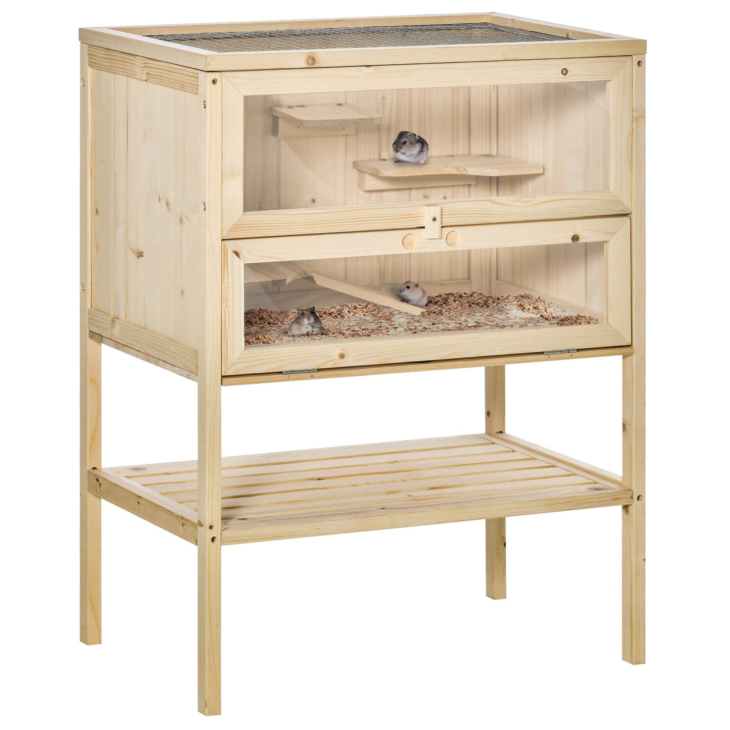 Wooden Hamster Cage with Storage Shelf, Small Animal Exercise Play House Gerbil Cage with Openable Top, Ramp for Gerbils