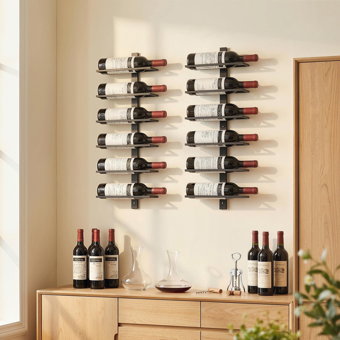 Wall Mounted Wine Rack, 6 Tier Metal Wine Display Rack, Storage Holder for Kitchen, Black