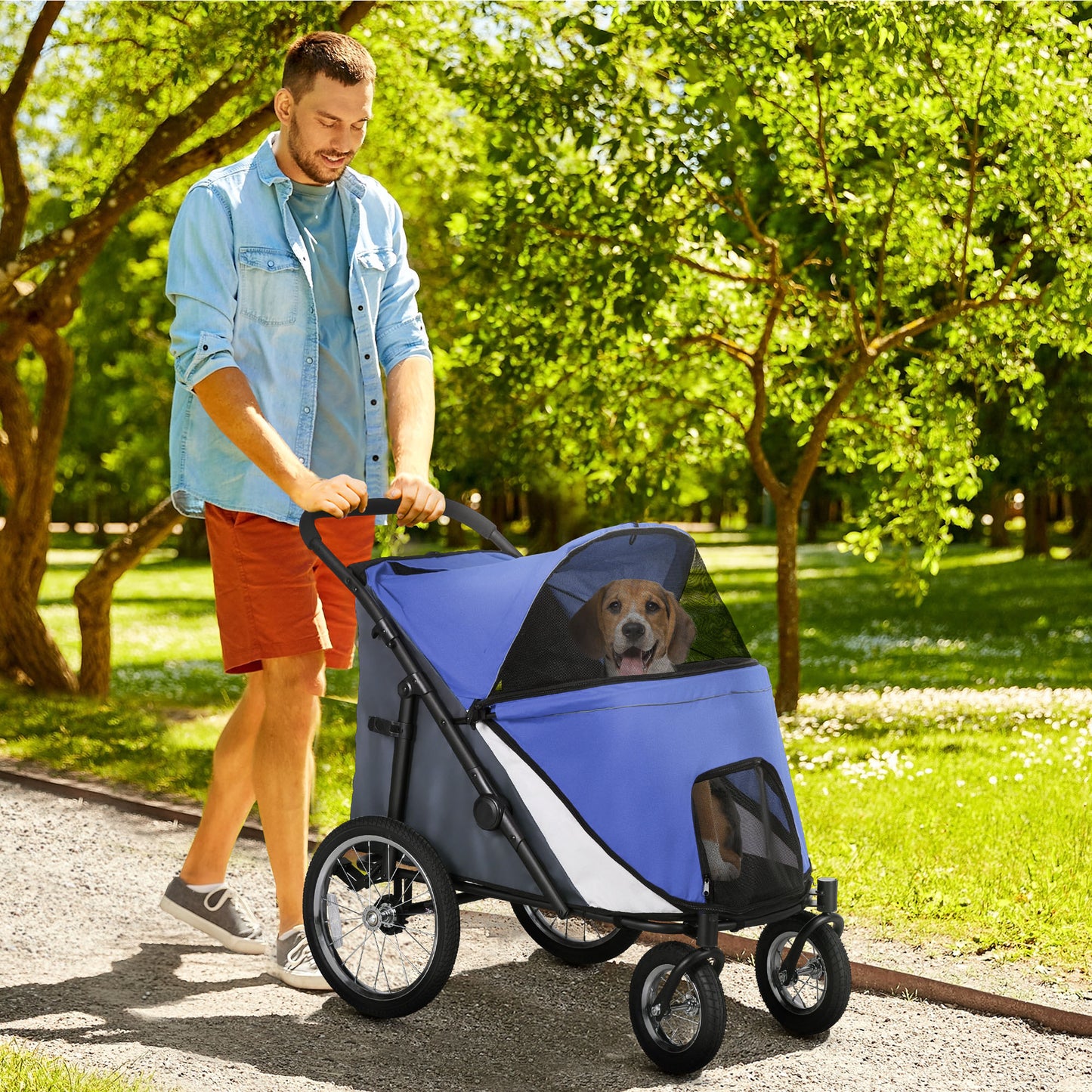 Foldable Pet Stroller, with Washable Cushion, Storage Bags, Safety Leash, for Medium, Large Dogs, Cats - Blue