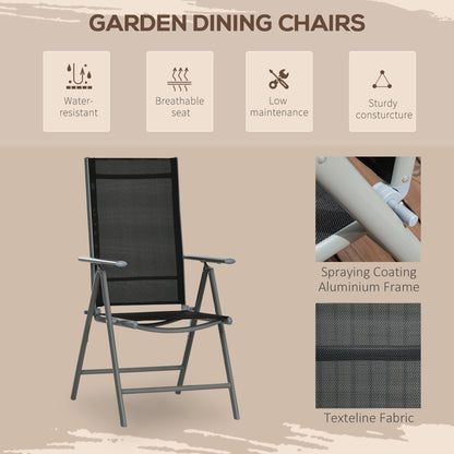 7 Piece Garden Dining Set, Outdoor Table and 6 Folding and Reclining Chairs, Aluminium Frame, Tempered Glass Top Table