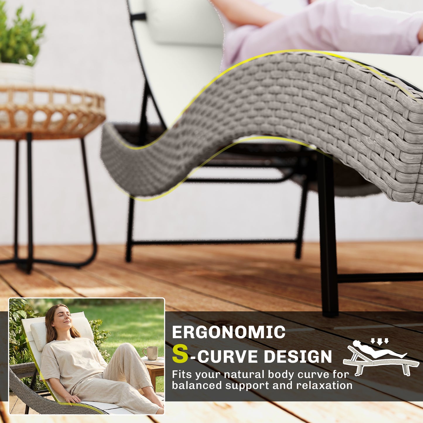 Rattan Sun Lounger, Garden Recliner with 5 Position Adjustable Back, S Shaped Texteline Seat, Headrest, Cream White