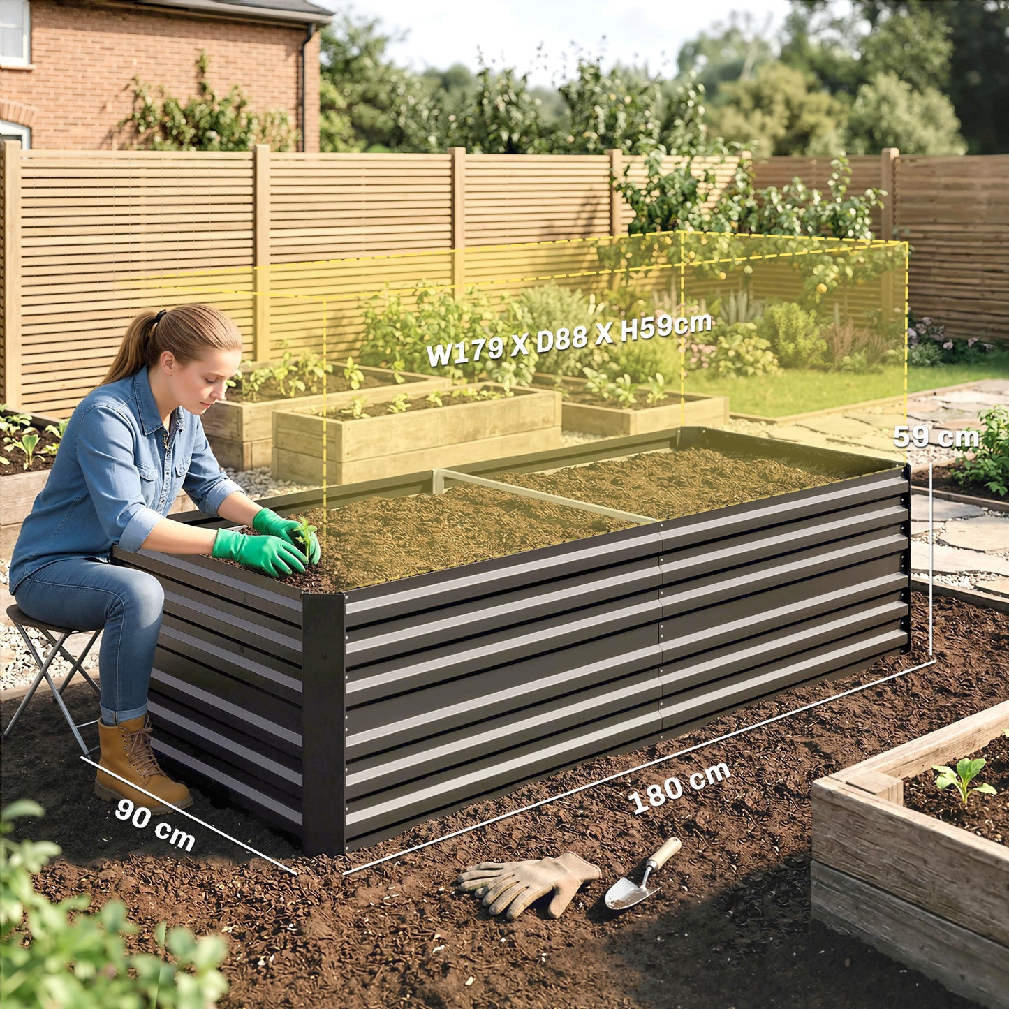Raised Beds for Garden, Galvanised Steel Outdoor Planters with Multi-reinforced Rods, 180 x 90 x 59 cm, Dark Grey