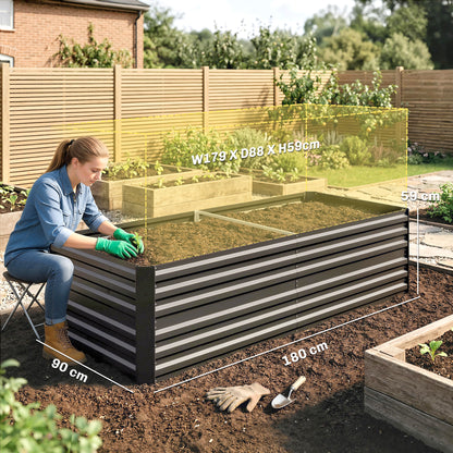 Raised Beds for Garden, Galvanised Steel Outdoor Planters with Multi-reinforced Rods, 180 x 90 x 59 cm, Dark Grey