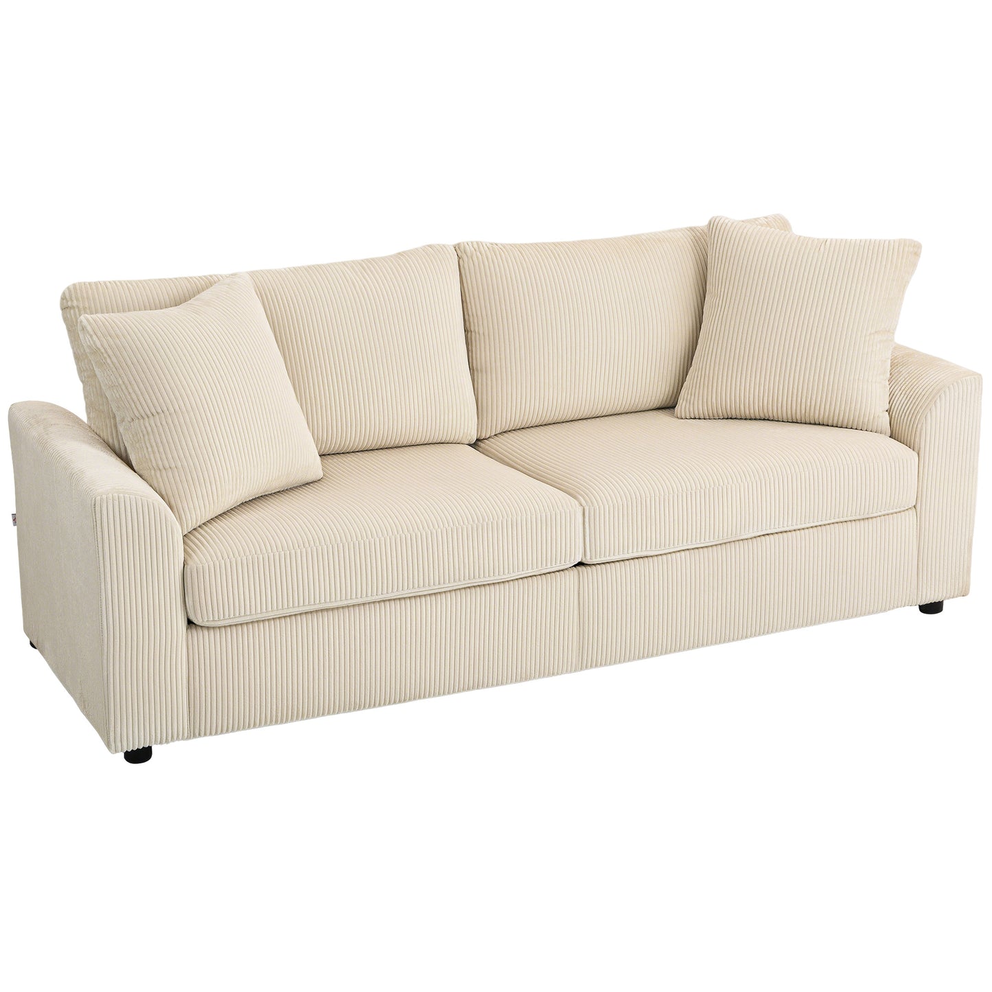 3 Seater Sofa, 212cm Corduroy Couch with Spring Cushion, Wide and Deep Seat, Plush Backrest, 2 Pillows