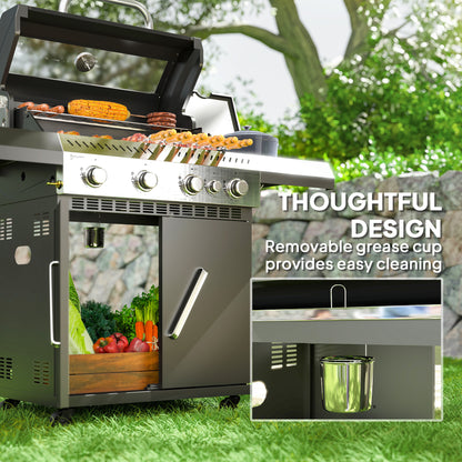 4+1 Burner Gas BBQ Grill with Clear View Lid, Portable Gas Barbecue Grill with Built-in Thermometer, Side Table, Cabinet