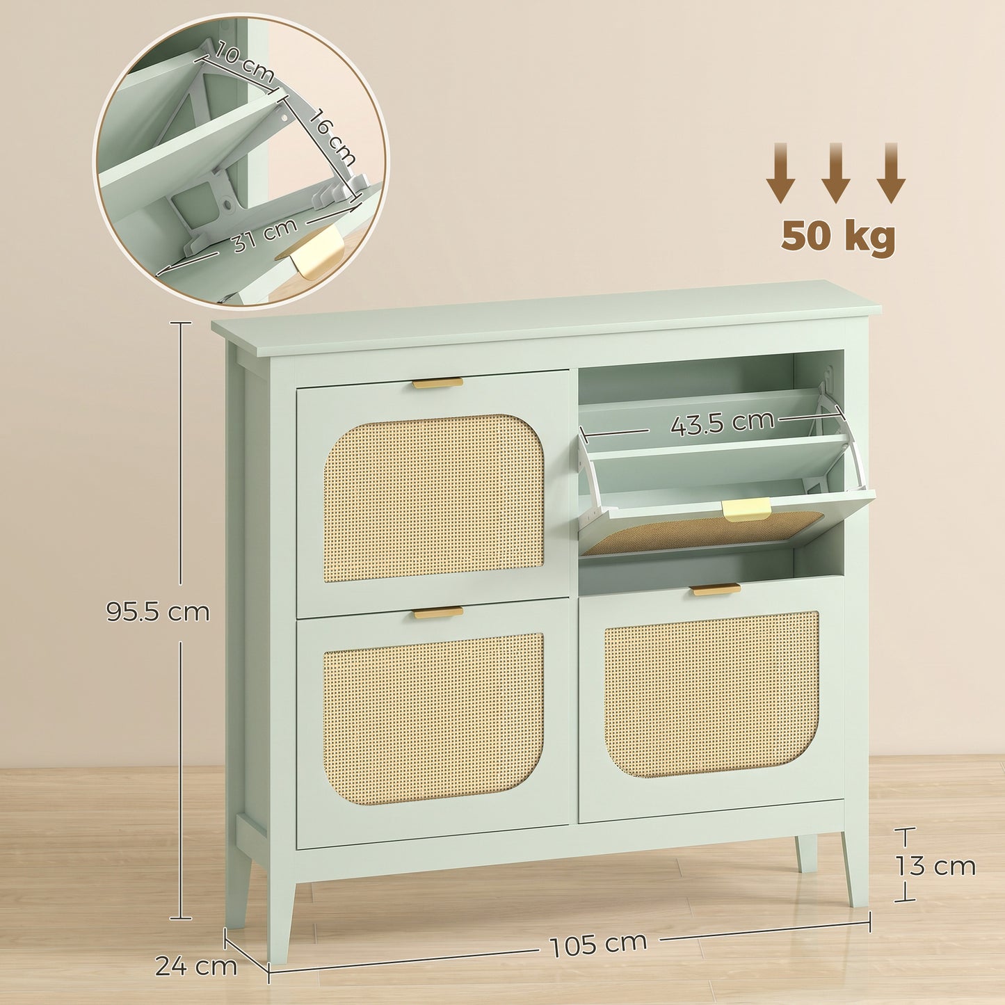 Narrow Shoe Cabinet, Boho Slim Shoe Storage Cabinet with 4 Flip Drawers, Holds 20 Pairs, Light Green