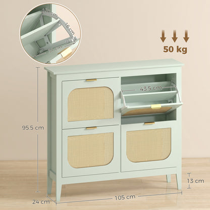 Narrow Shoe Cabinet, Boho Slim Shoe Storage Cabinet with 4 Flip Drawers, Holds 20 Pairs, Light Green