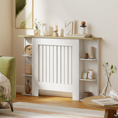 Radiator Cover with Open Storage Shelves, Vertical Slatted Cabinet Shelf Heater Cover for Living Room, Hallway, Medium, White