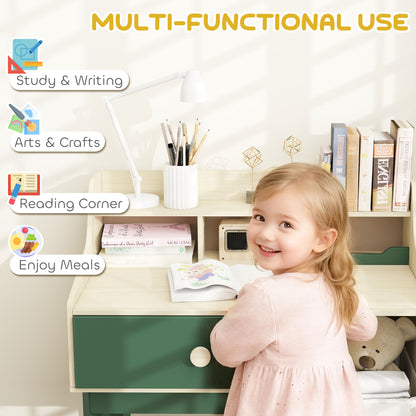 Kids Desk and Chair Set with Storage Shelves and Drawer, Green