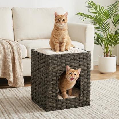 2-Tier Wicker Cat House, Handwoven Rattan Cat Bed with Washable Cushions, Indoor Kitten Condo Hideaway