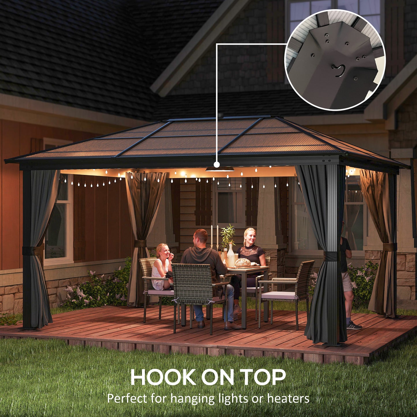 3.6 x 4m Hardtop Gazebo Canopy with Polycarbonate Roof, Aluminium Frame, Permanent Gazebo, Dark Grey