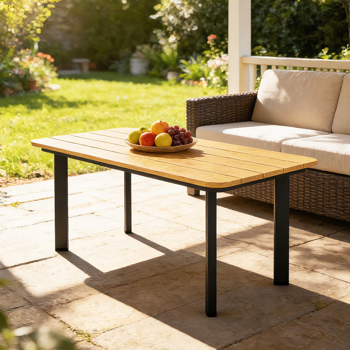 Outdoor Garden Coffee Table, Garden Table with Slatted Wood Plastic Composite Top and Metal Frame, Brown