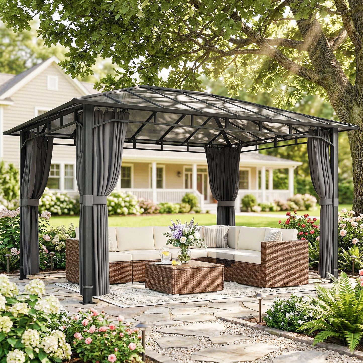 3 x 4 m Outdoor Hardtop Gazebo Canopy with PC Roof, Aluminium Permanent Pavilion Garden Gazebo with Curtains, Dark Grey