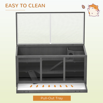 Wooden Hamster Cage, Small Animals Hutch with Tray, Openable Top, Exercise Play House Pen, 115L x 57W x 55Hcm, Grey