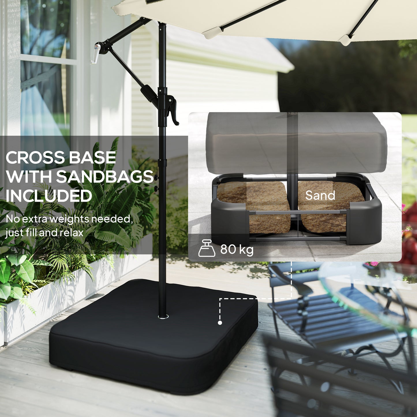 3 m Garden Cantilever Parasol with Cross Base, Sandbag, 360° Rotating Overhanging Banana Umbrella, Cream White