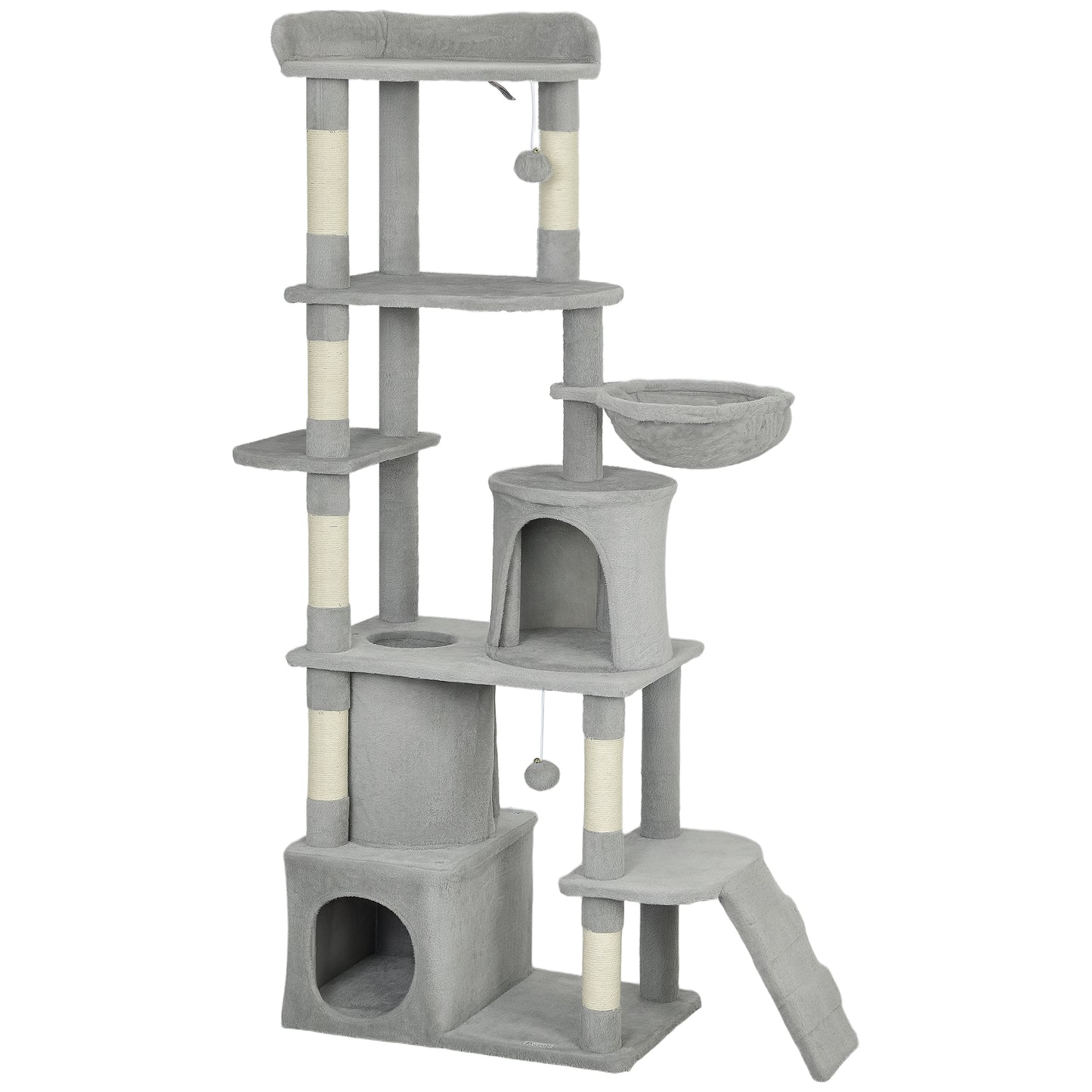 170 cm Large Cat Tree, Cat Tower with 7 Scratching Posts, 2 Condos, Hammock, Light Grey