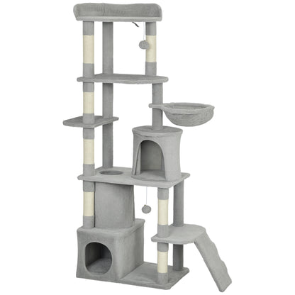 170 cm Large Cat Tree, Cat Tower with 7 Scratching Posts, 2 Condos, Hammock, Light Grey