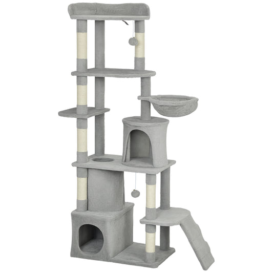 170 cm Large Cat Tree, Cat Tower with 7 Scratching Posts, 2 Condos, Hammock, Light Grey