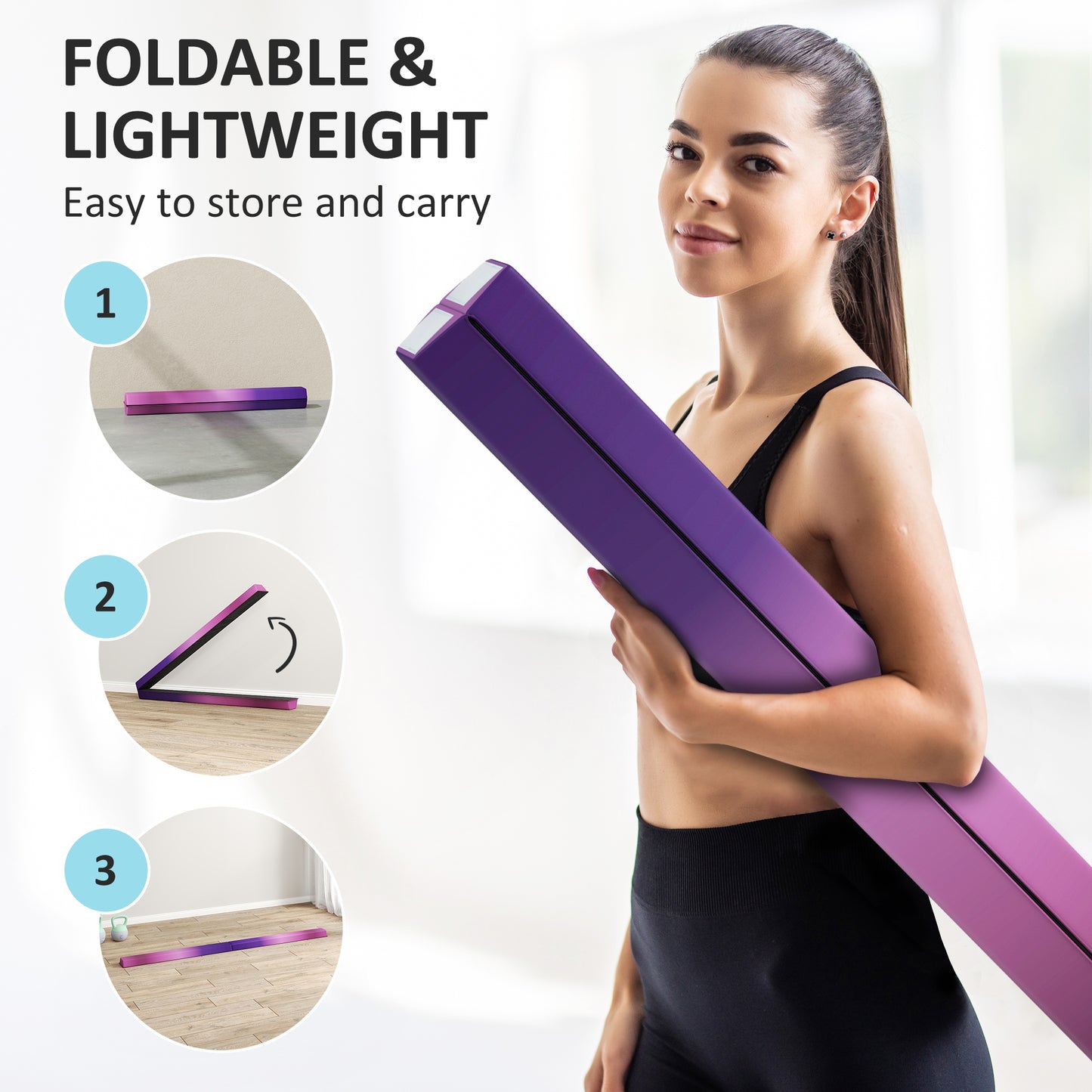 7.7ft Folding Gymnastics Beam, Floor Balance Beam for Kids with Anti-Slip Base, Gymnastics Equipment for Home, Purple