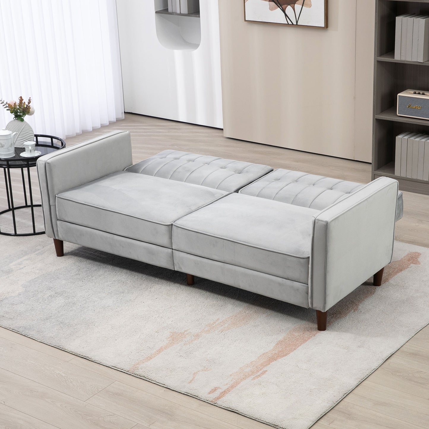 Modern Convertible Sofa Futon Velvet-Touch Tufted Couch with Adjustable Split Back, Light Grey