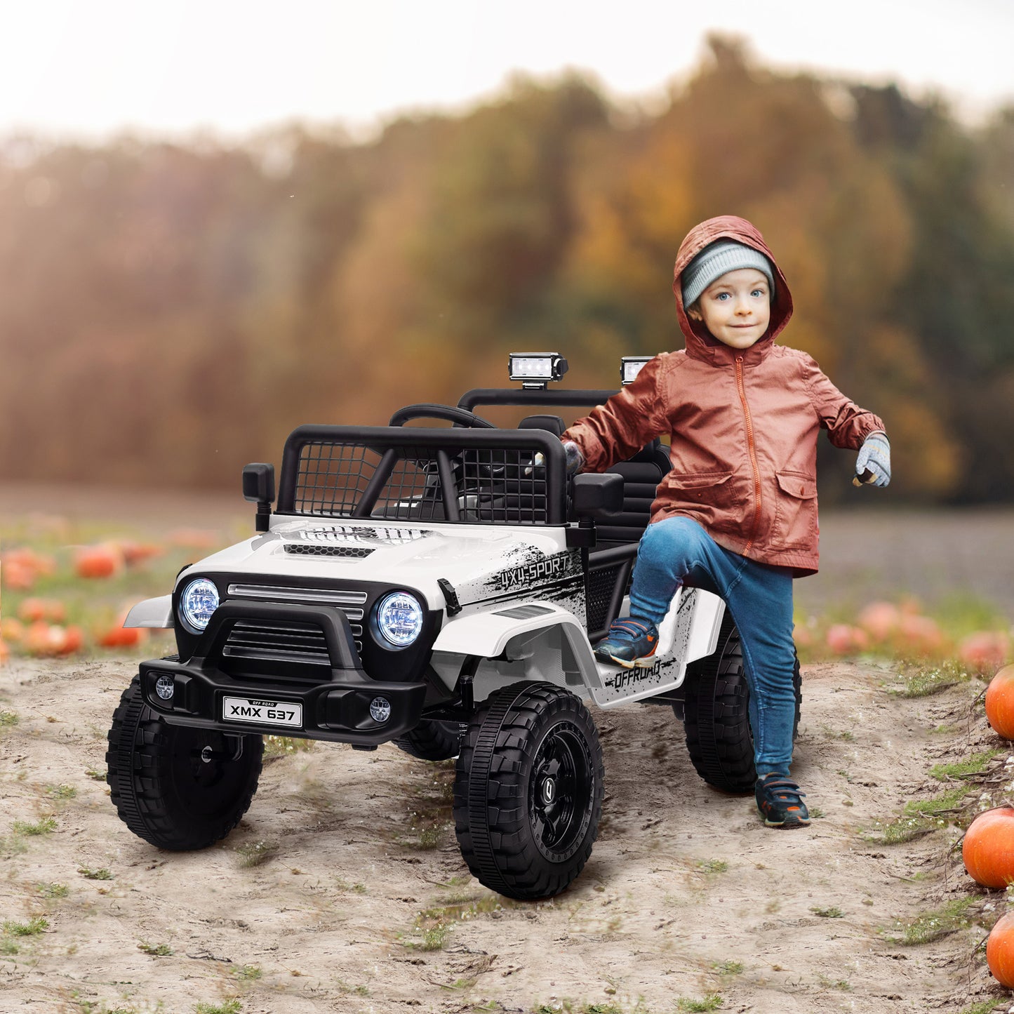 12V Battery Powered Kids Ride-On Car, Electric Truck w/ Spring Suspension, Remote, Music, Horn, Lights, White
